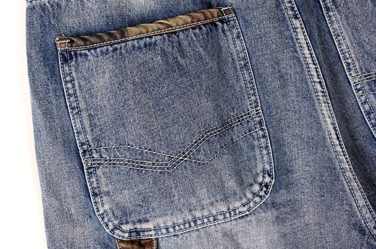 Men's loose fit gothic denim capri shorts product showcase - blue faded wash cargo utility design