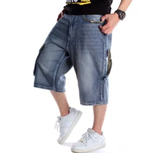 Men's gothic denim cargo capri shorts front view - loose fit alternative fashion blue indigo faded wash with side cargo pocket