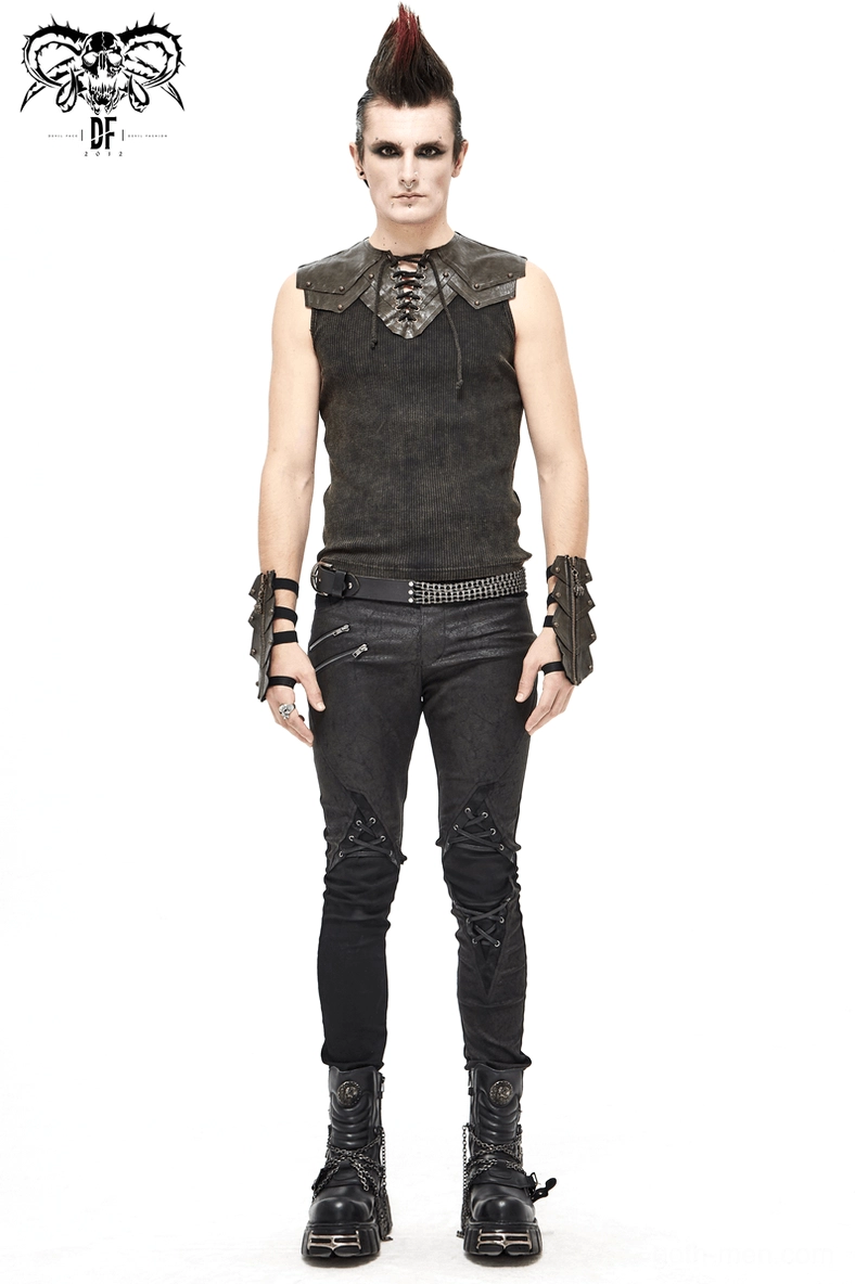 Brown leather fingerless gloves with signature skull-shaped zipper and vintage brass accents for gothic aesthetic