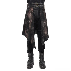 Asymmetrical gothic half skirt for men with open front, bronze chains, and dual buckle belts on model - front full body view