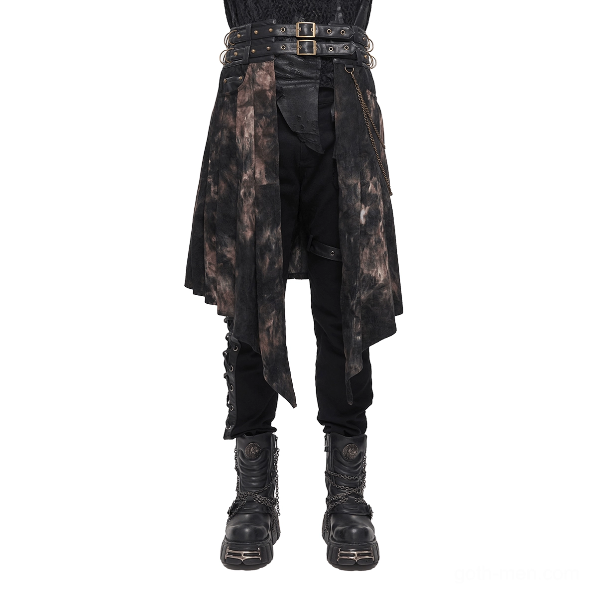 Asymmetrical gothic half skirt for men with open front, bronze chains, and dual buckle belts on model - front full body view