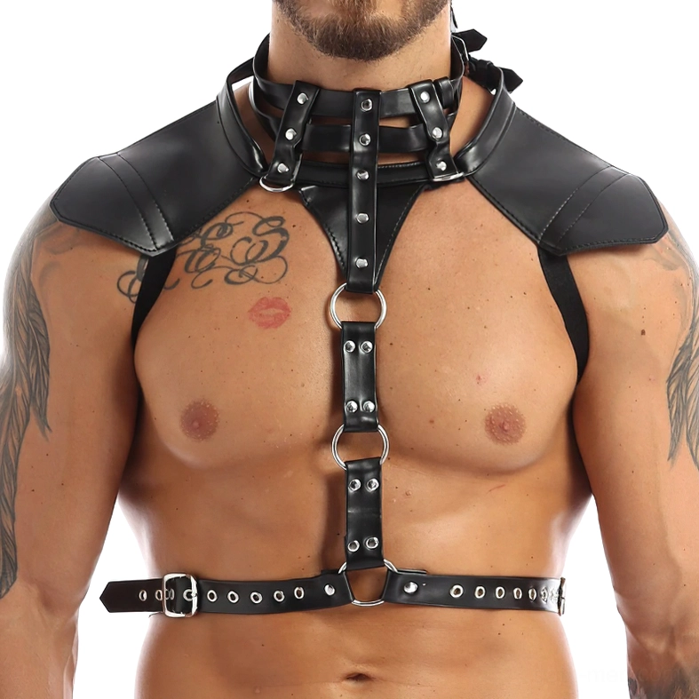 Men's gothic faux leather chest harness front view with metal buckles and O-rings on shirtless male model