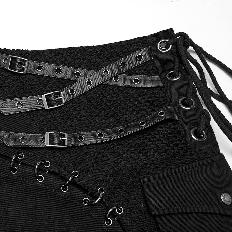 Gothic Kilt Detail Shot - Waist Area Close-Up with Cross Leather Buckles, Metal Eyelets, Woven Mesh, and Drawstring Lacing