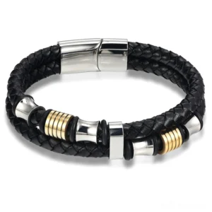 Gold-tone stainless steel gothic leather bracelet for men, flat lay view showing dual hardware finish