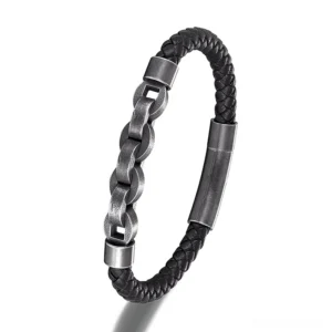 Men's vintage leather and gunmetal chain bracelet - Black Style 2 with twisted metal links and woven leather strap, front left view on white background