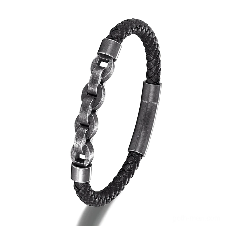 Men's vintage leather and gunmetal chain bracelet - Black Style 2 with twisted metal links and woven leather strap, front left view on white background