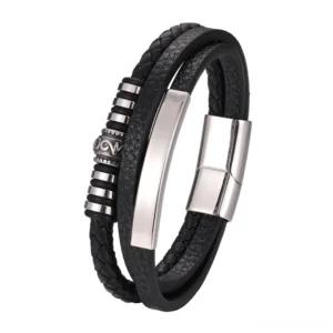 Black leather stainless steel bracelet for men with vintage engraved details - three quarter side view