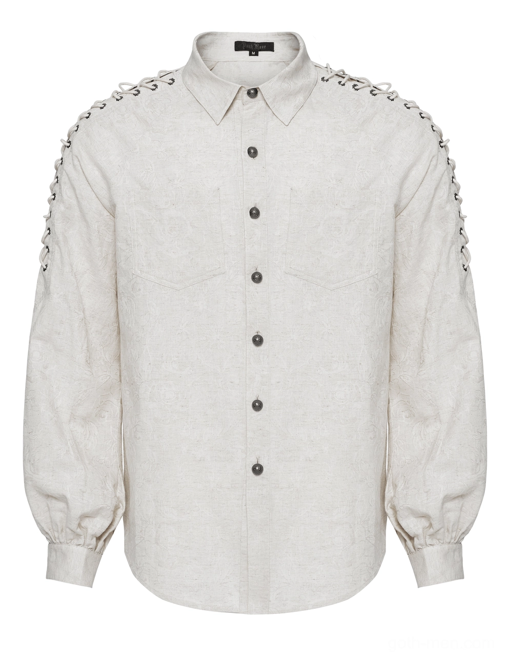 Front flat lay of men's gothic linen shirt - chest patch pocket and buttoned placket detail with eyelet shoulder hardware