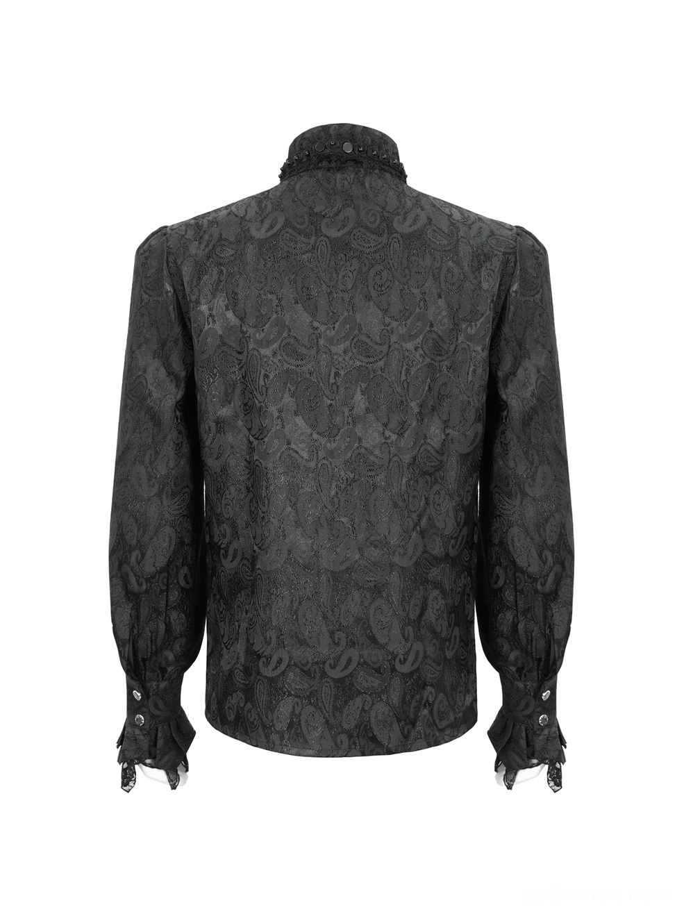 Back view of gothic men's long-sleeve shirt displaying full jacquard weave pattern and tailored construction on mannequin