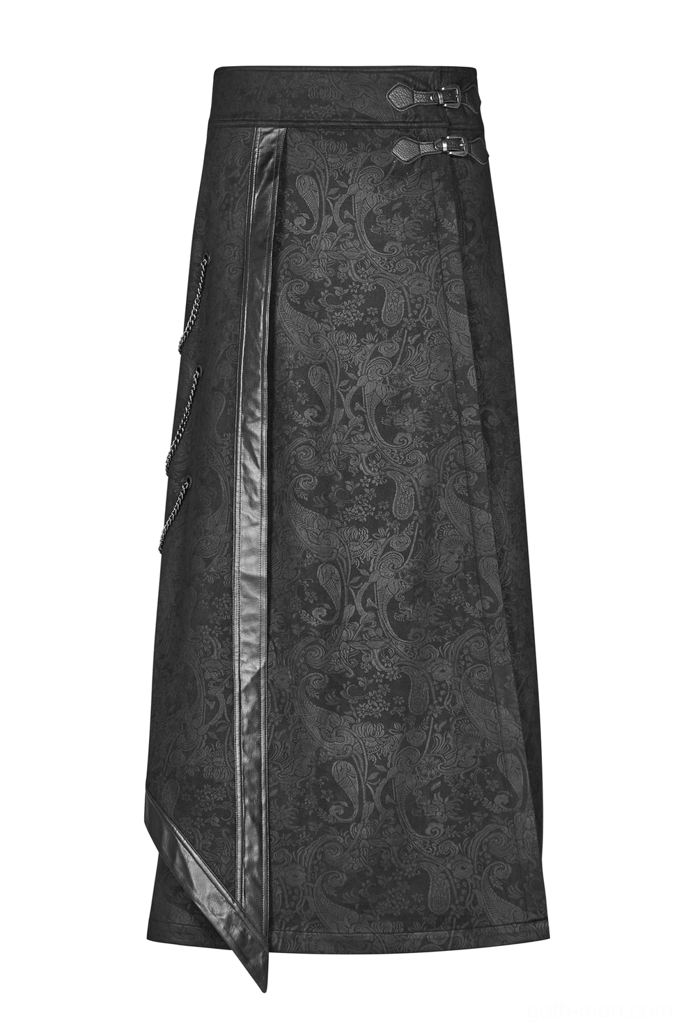 Front-side view of gothic men's overskirt displaying damask pattern and leather side trim