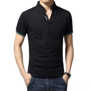 Men's gothic black cotton V-neck polo shirt with contrast cuffs, front view on male model