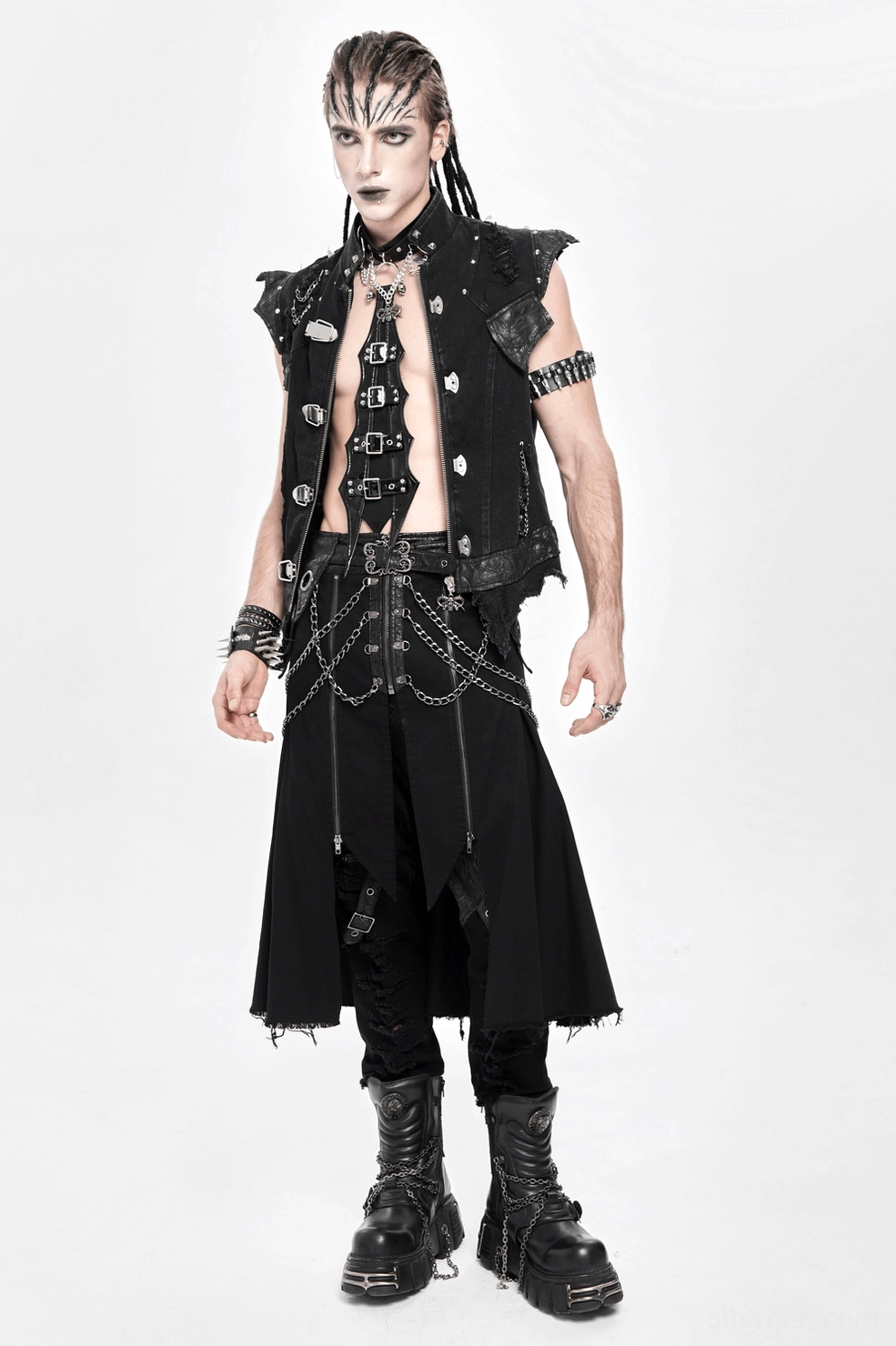 Gothic mens skirt black industrial chain zipper panels punk rock aesthetic