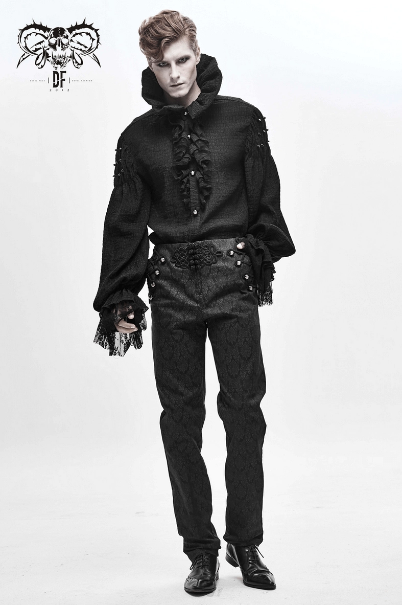 Gothic men's black long-sleeve shirt with ruffled collar and spike embellishments angled view