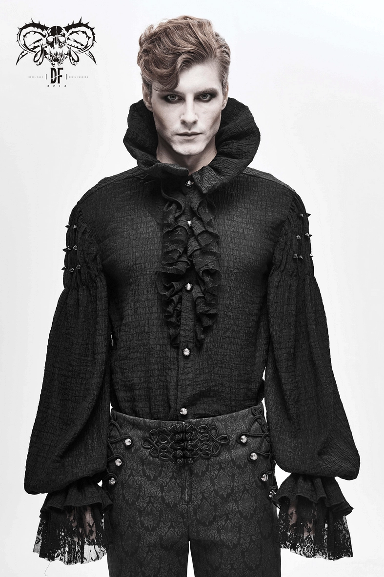 Full-length side profile of men's gothic ruffled collar shirt with dramatic lantern sleeves