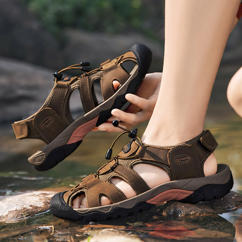 Full body studio view of gothic split leather closed-toe men's sandals alternative colorway