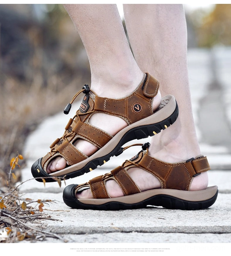 Gothic men's sandals in genuine leather with low heel and sewing reinforced design elements