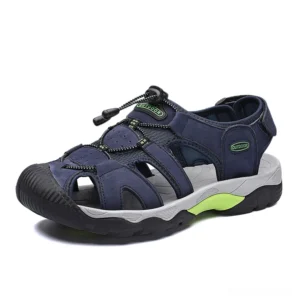 Navy blue split leather gothic closed-toe sandals for men with soft rubber outsole, front three-quarter view