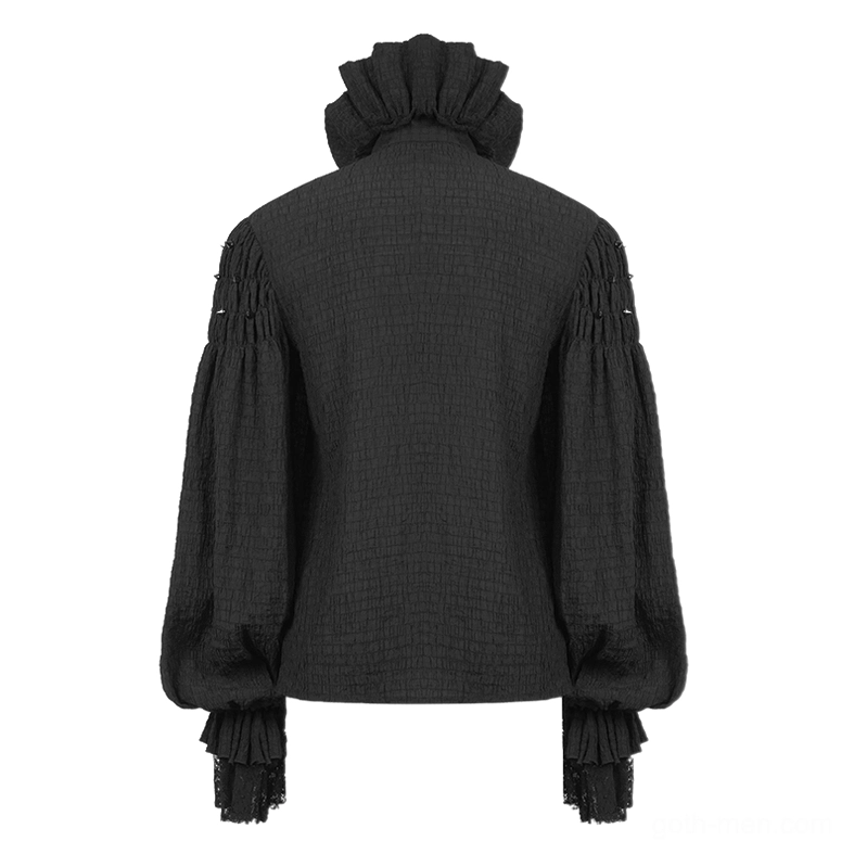 Men's gothic black shirt rear view showing ruched shoulder seams and lantern sleeve design