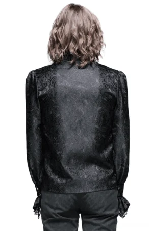 Back view of gothic men's shirt showcasing full jacquard texture and lace-trimmed cuffs on model