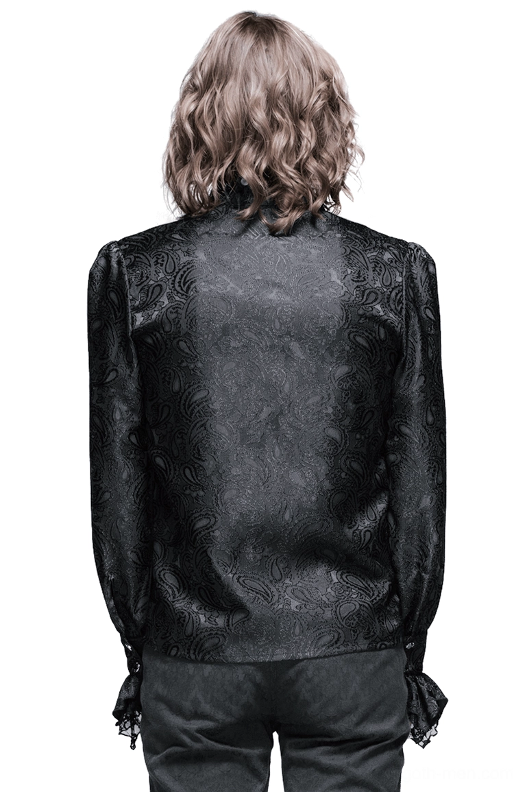 Back view of gothic men's shirt showcasing full jacquard texture and lace-trimmed cuffs on model