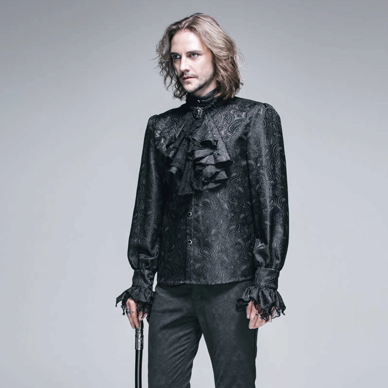 Front view of gothic men's shirt showing buttoned front closure and all-over jacquard weave pattern
