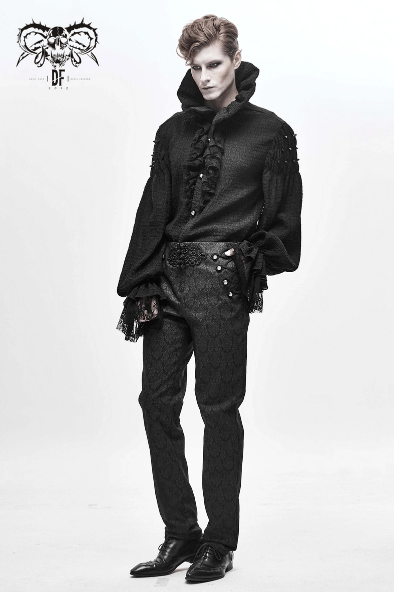 Men's gothic black shirt front button closure with mixed metal hardware styling