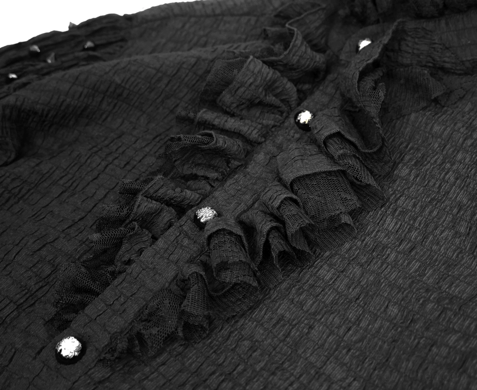 Ruffled front placket and mixed metal button details on gothic men's black blouse