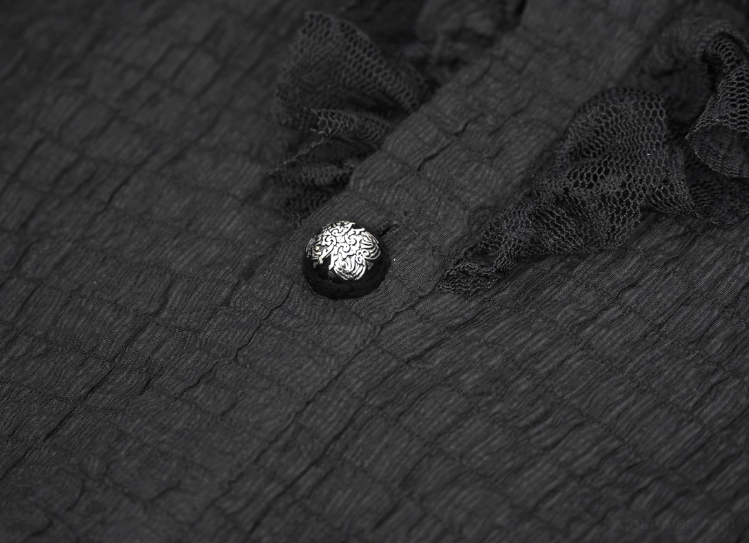 Lace-trimmed cuff detail on black gothic men's long-sleeve stand collar shirt