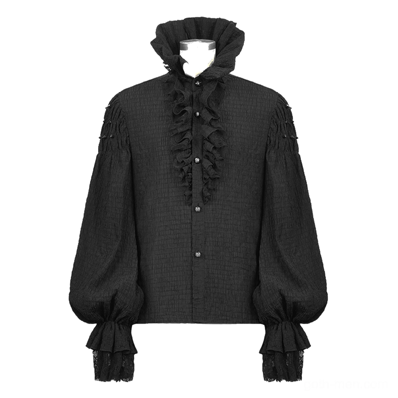 Gothic men's stand collar black blouse front three-quarter view on mannequin with ruffled details