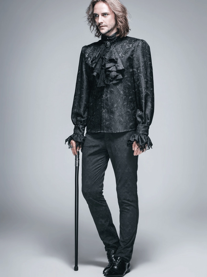 Close-up of gothic men's shirt's stand collar and ruffled jabot creating dramatic neckline effect