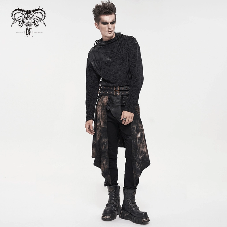 Gothic men's half skirt with buckle belt system - functional hardware design close-up