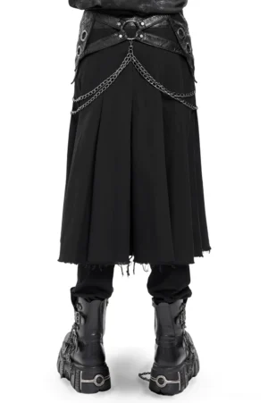Black gothic skirt with metal chain waist decoration and faux leather trim front pose