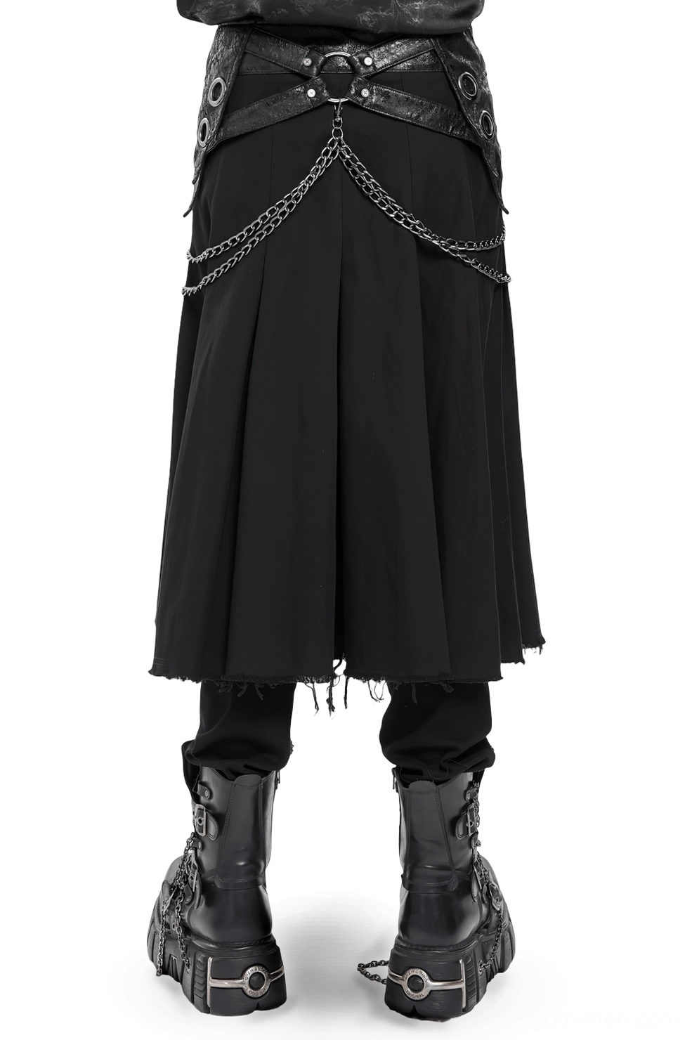 Black gothic skirt with metal chain waist decoration and faux leather trim front pose