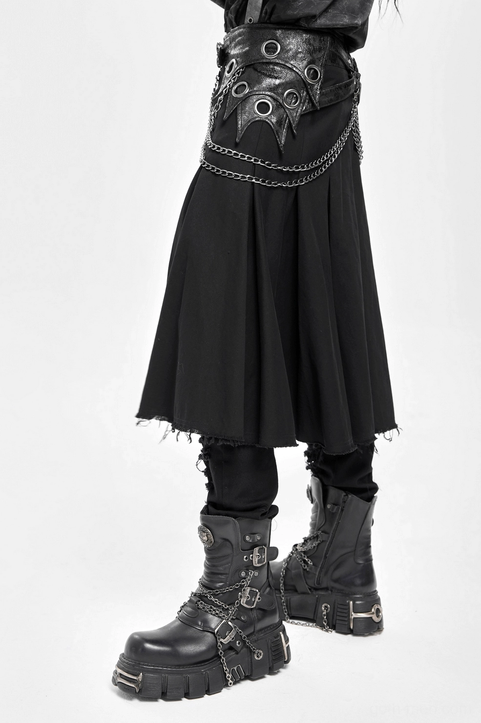 Gothic chain zipper skirt black men distressed hem punk aesthetic detail view