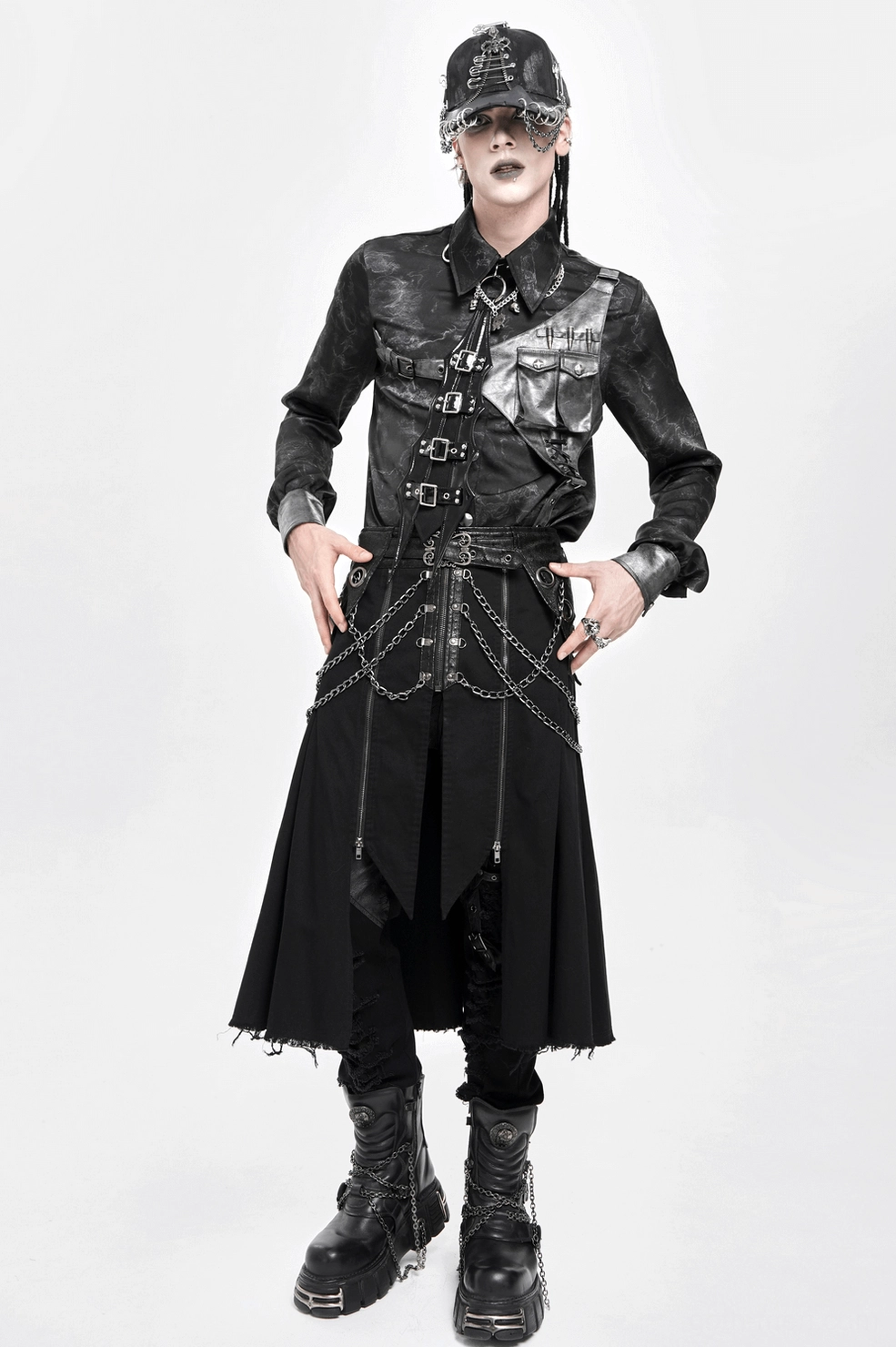 Black gothic skirt men chain hardware metal eyelets construction detail macro shot