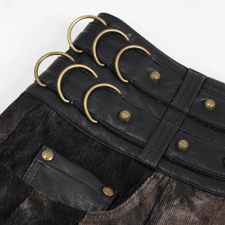 Skirt waistband and functional leather pocket detail - gothic men's half skirt with bronze rings and rivets