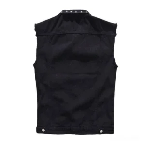 Black studded denim vest back view showing adjustable hem buttons and industrial design