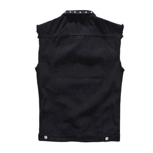Black studded denim vest back view showing adjustable hem buttons and industrial design