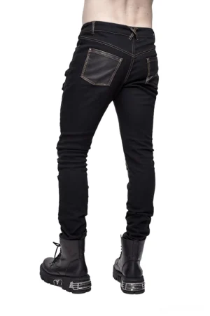 Black gothic leather pants with studded knee panels and brass buckles - rear full view showing back pockets