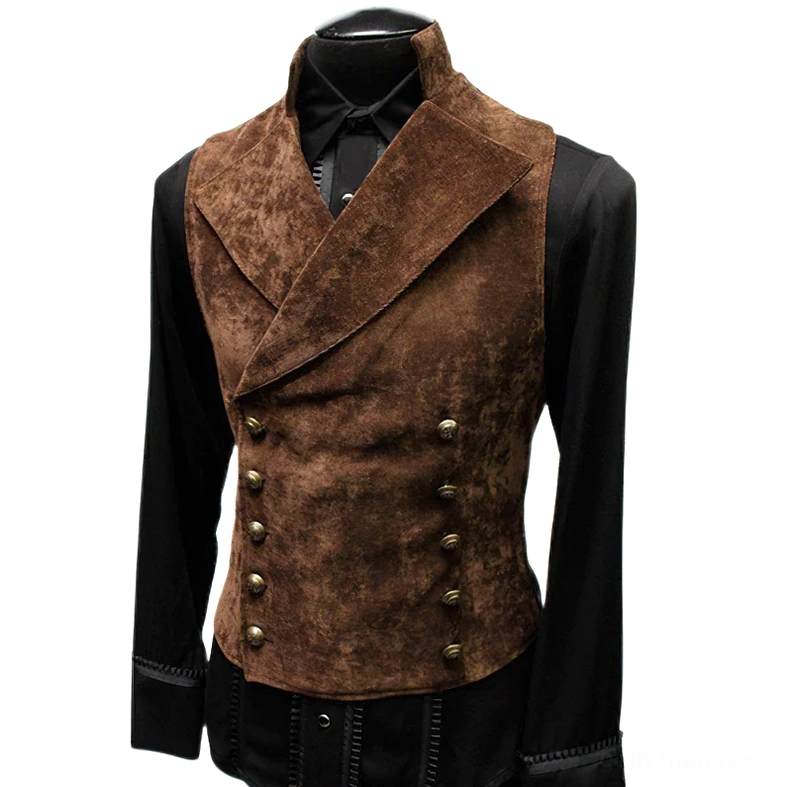 Light tan suede gothic vest with peaked lapels, slim-fit architecture, professional formal wear styling