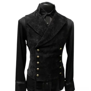Men's gothic double-breasted suede waistcoat in black, front view slim fit tailored design with peaked lapels and brass buttons