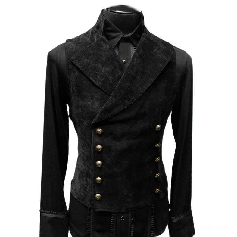 Men's gothic double-breasted suede waistcoat in black, front view slim fit tailored design with peaked lapels and brass buttons
