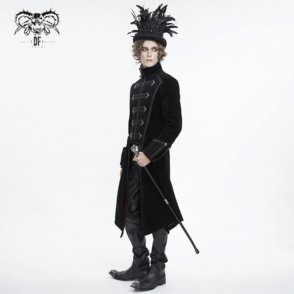 Gothic men's tailcoat in black velvet with complete embroidered military-inspired design