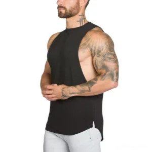 Black gothic cotton tank top for men left side view showing high-cut armholes and muscular fit