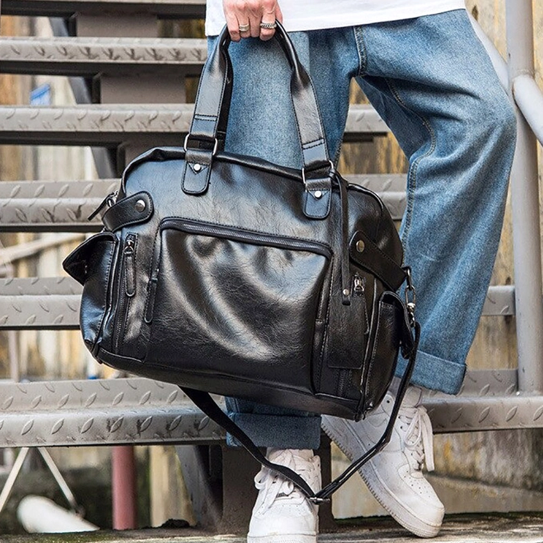 Gothic men's leather travel bag full display showing versatile dark aesthetic and professional styling