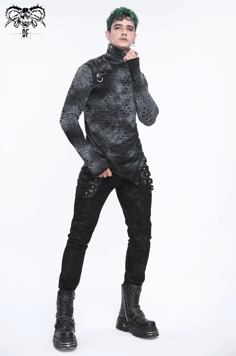 Gothic men's turtleneck styling angle, curved asymmetric hem detail, perforated tie-dye dark gray fabric