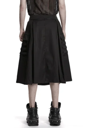 Gothic men's utility skirt with techwear cargo pockets rear view full body