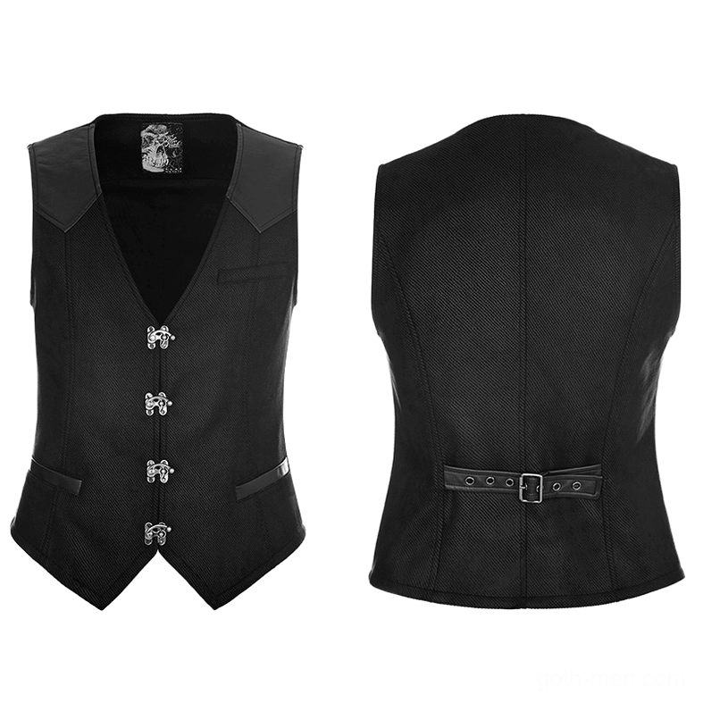 Gothic men's waistcoat front and back product comparison showing metal accents and leather trim