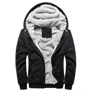 Men's gothic zip-up hoodie with black outer shell and grey plush fleece lining - front flat lay view