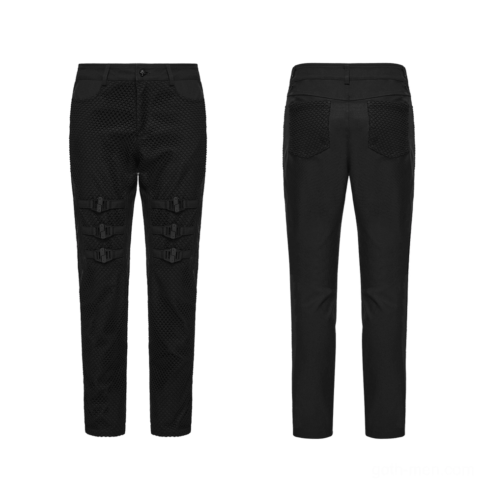 Black punk gothic mesh buckle pants front and back flat lay display showing textured panels